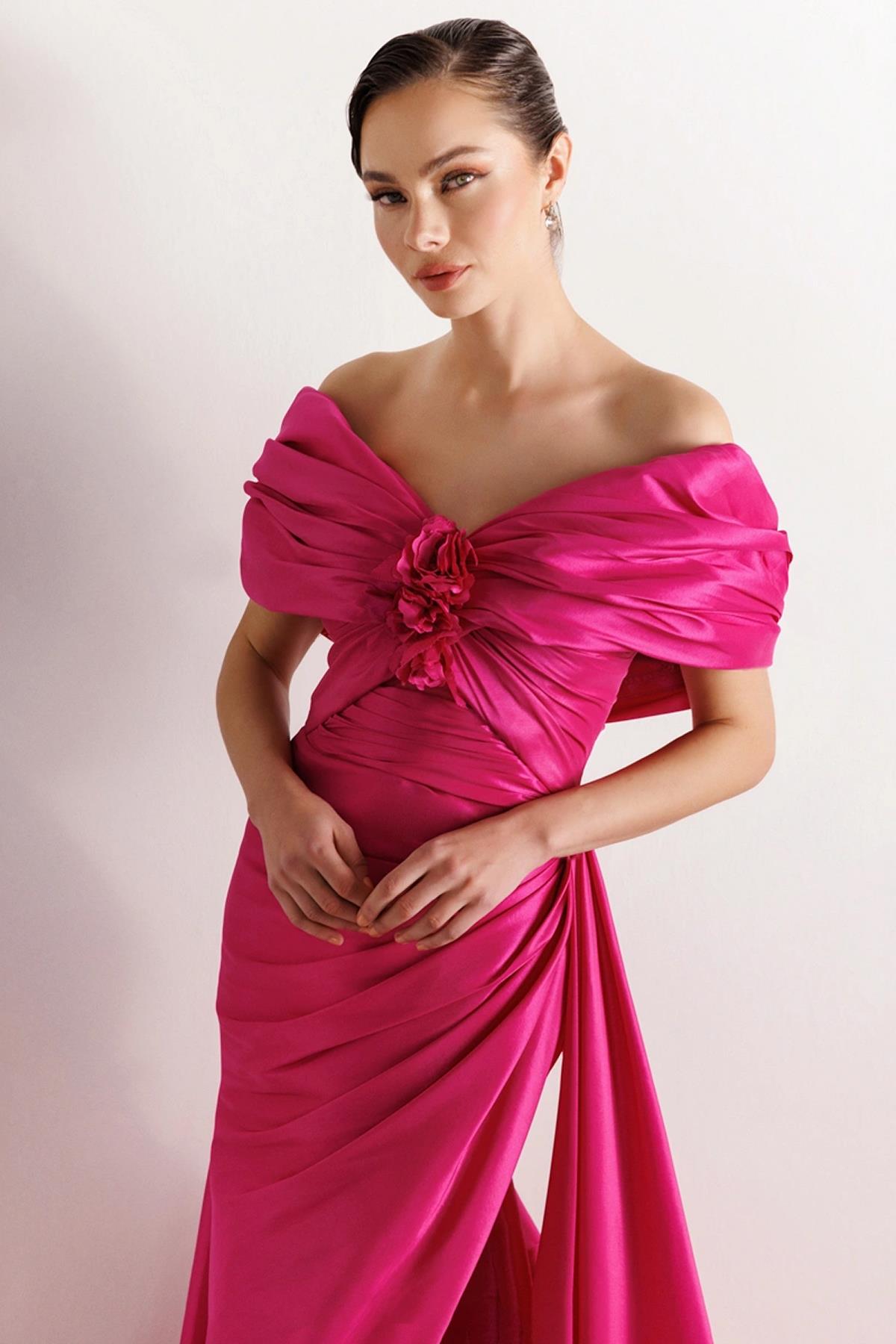 Front Draped Floral Detailed Off Shoulder Slit Evening Dress