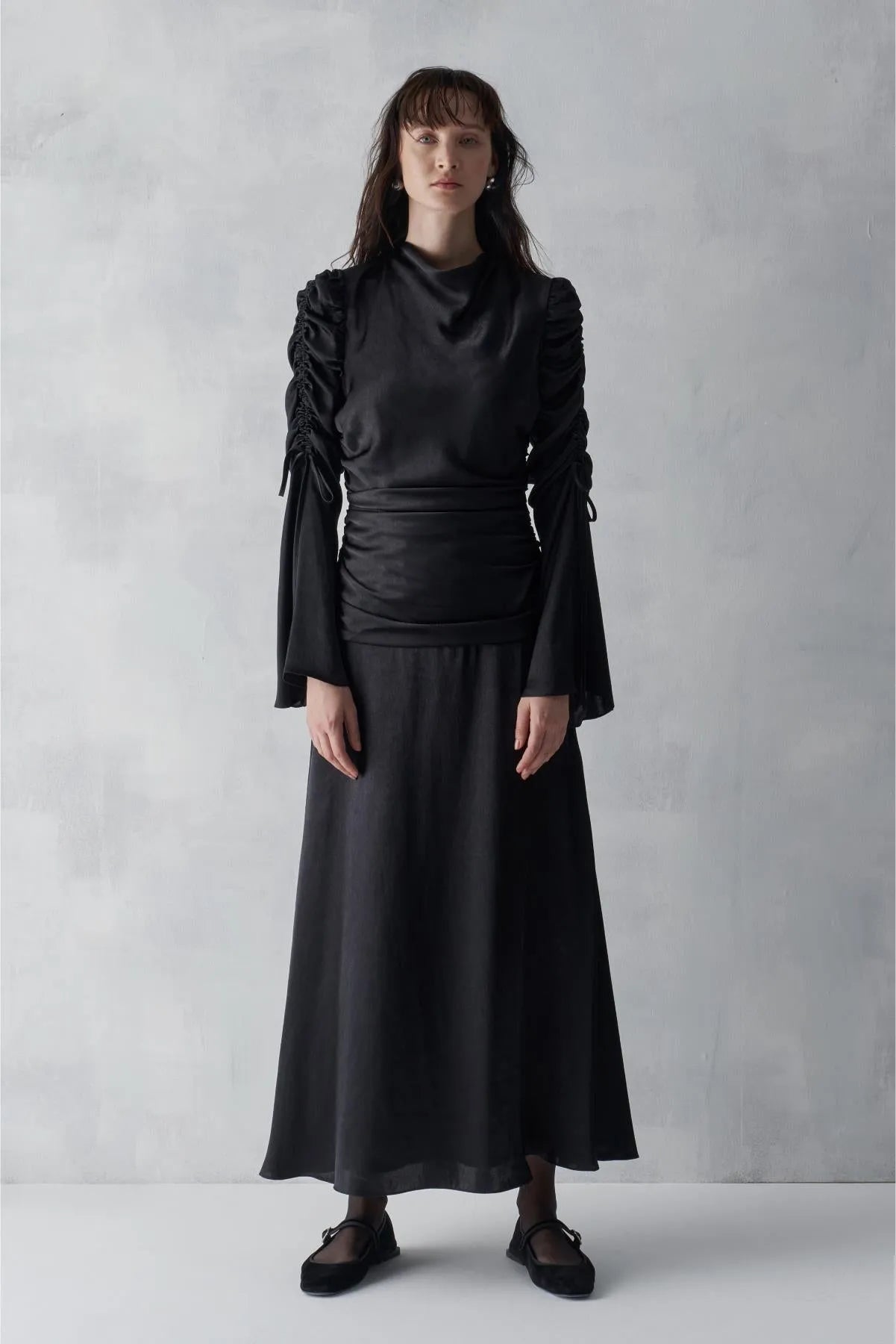 Cowl Neck. Long Evening Dress with Gathered Sleeves