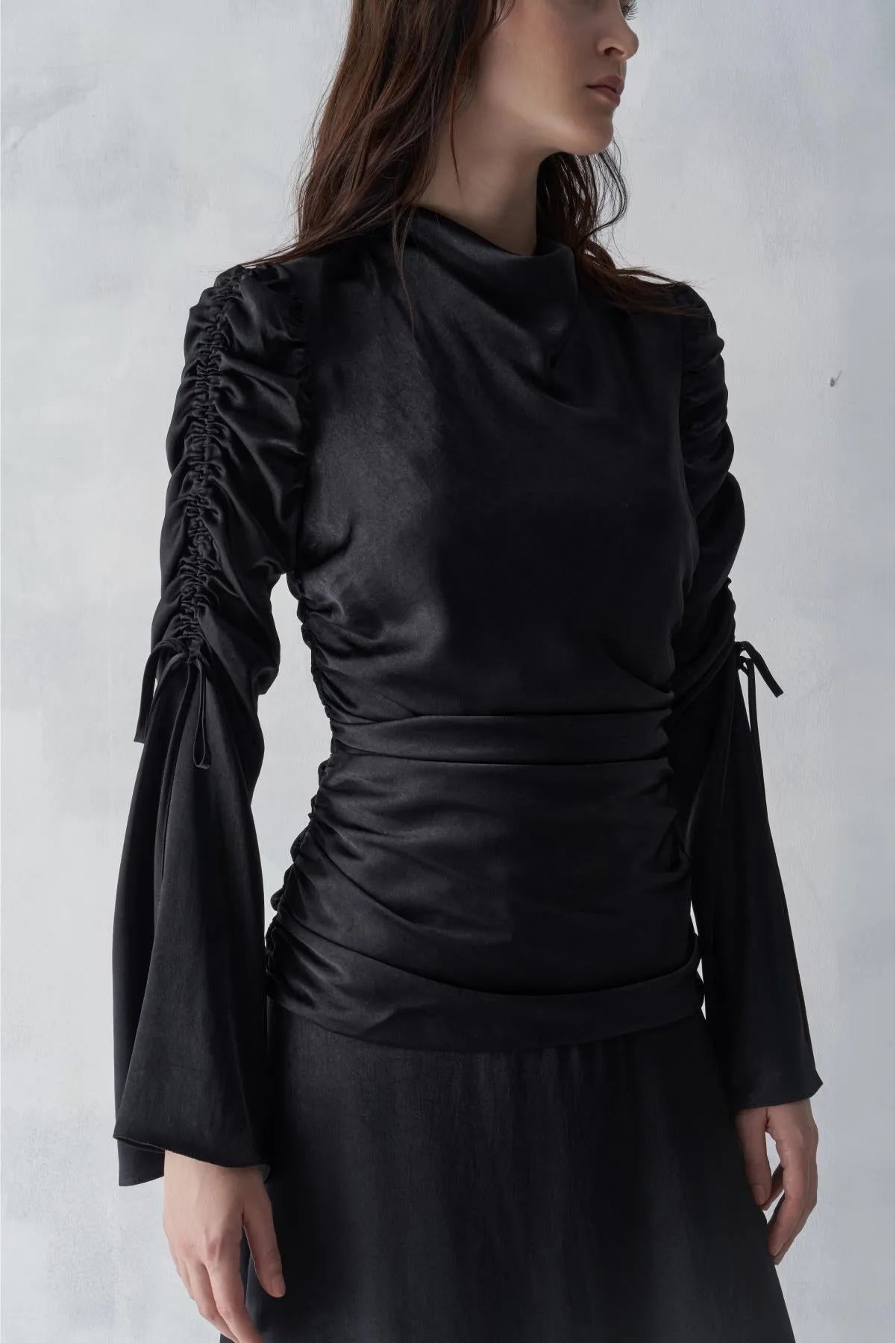 Cowl Neck. Long Evening Dress with Gathered Sleeves