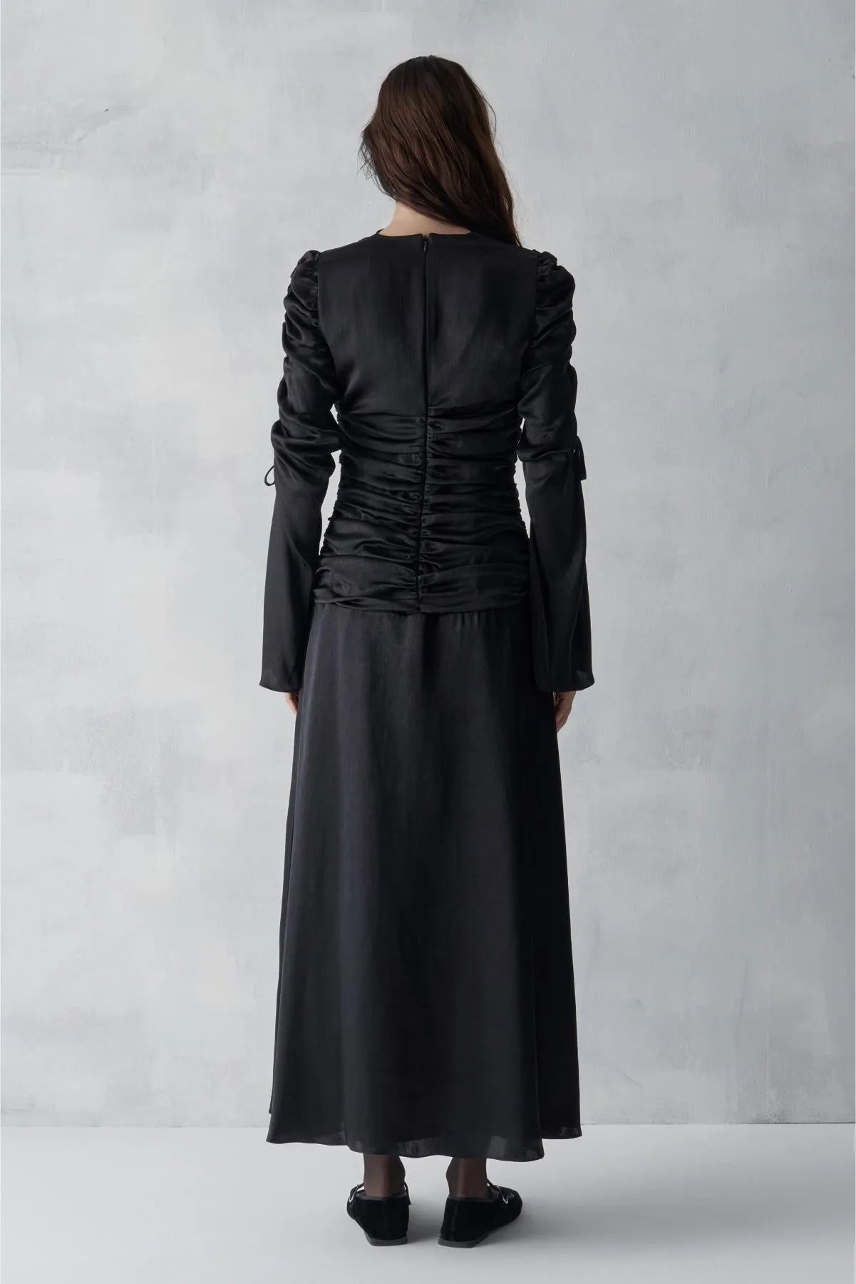 Cowl Neck. Long Evening Dress with Gathered Sleeves