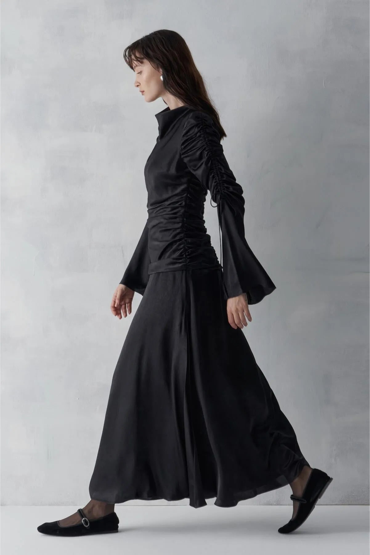 Cowl Neck. Long Evening Dress with Gathered Sleeves