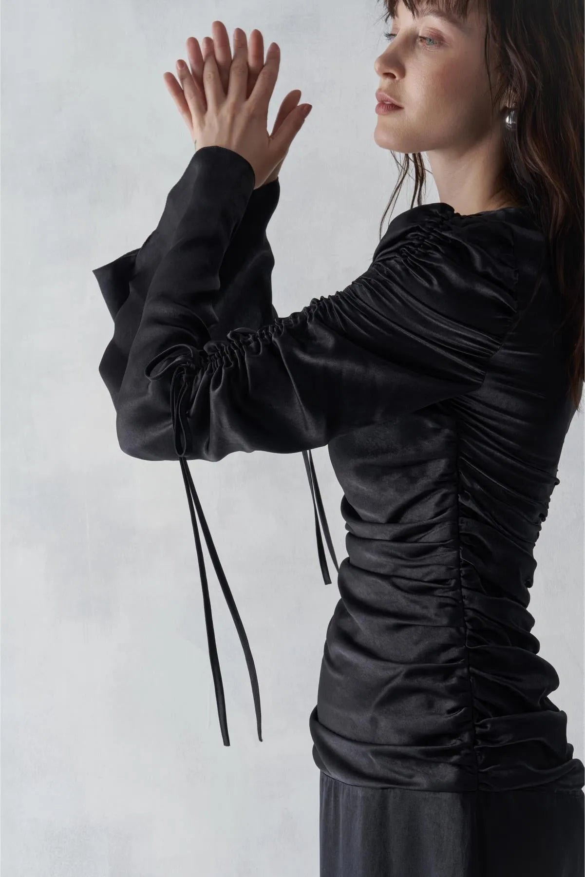 Cowl Neck. Long Evening Dress with Gathered Sleeves