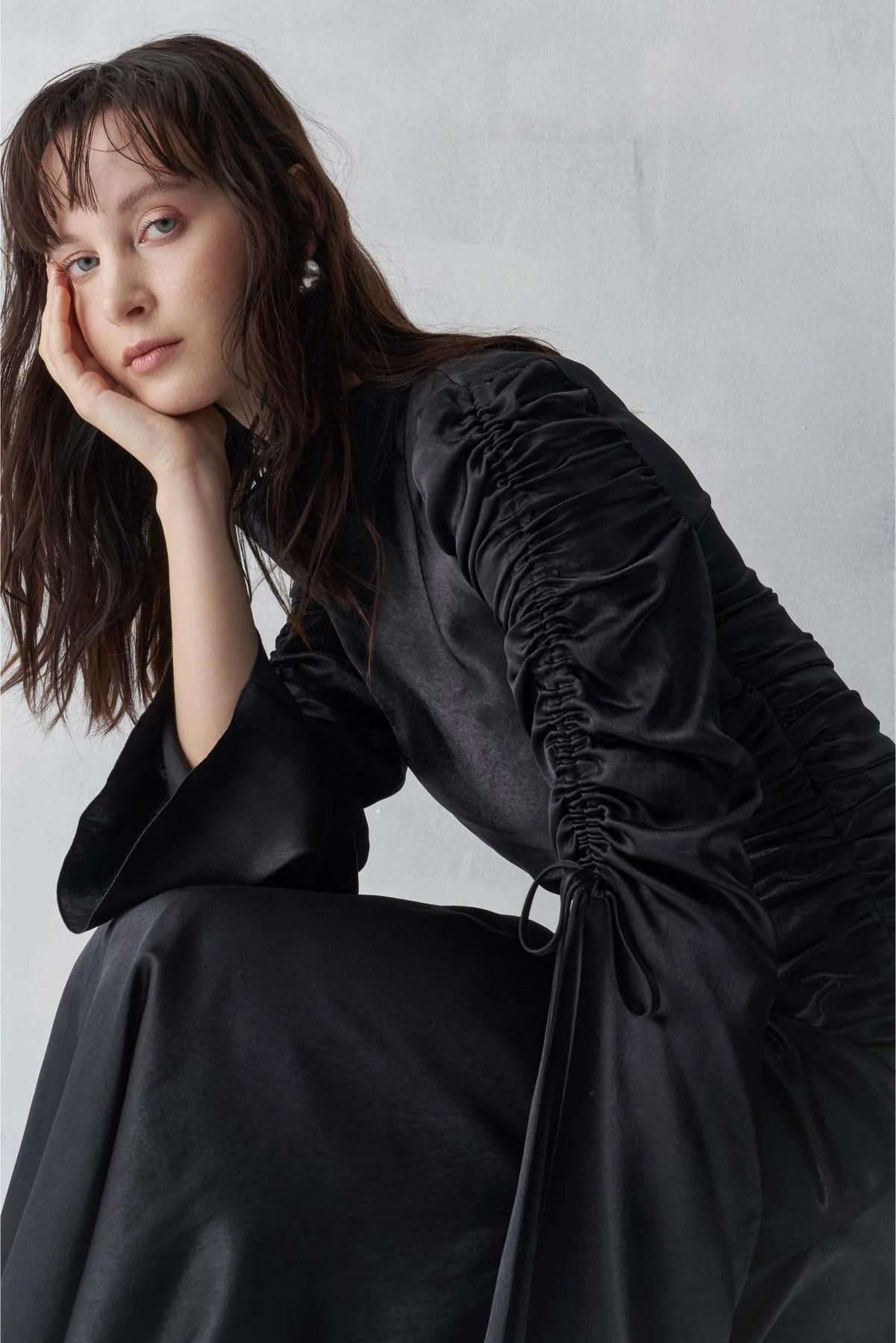 Cowl Neck. Long Evening Dress with Gathered Sleeves