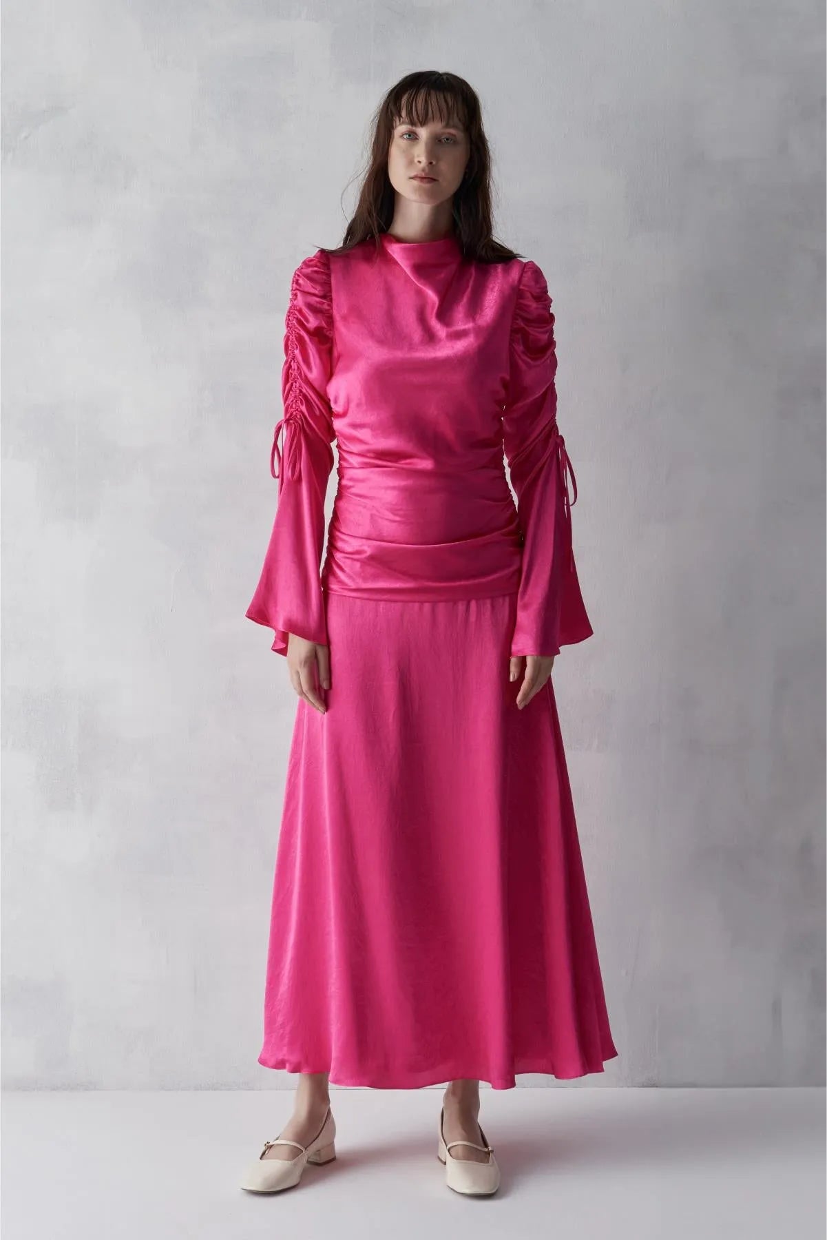 Cowl Neck. Long Evening Dress with Gathered Sleeves