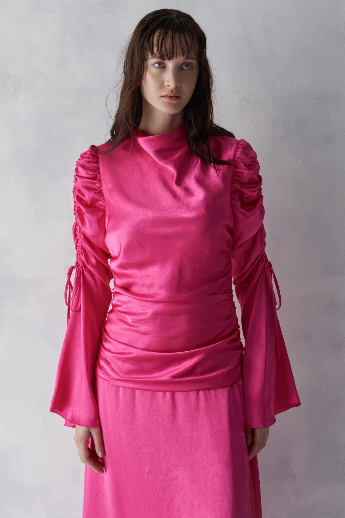 Cowl Neck. Long Evening Dress with Gathered Sleeves