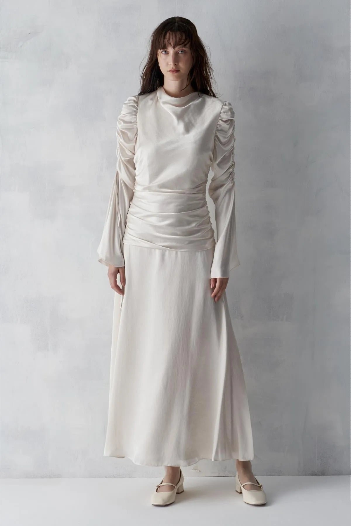 Cowl Neck. Long Evening Dress with Gathered Sleeves
