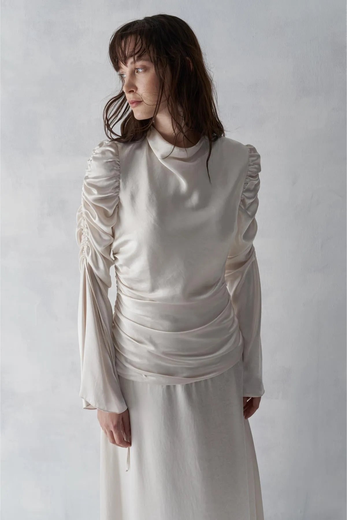 Cowl Neck. Long Evening Dress with Gathered Sleeves