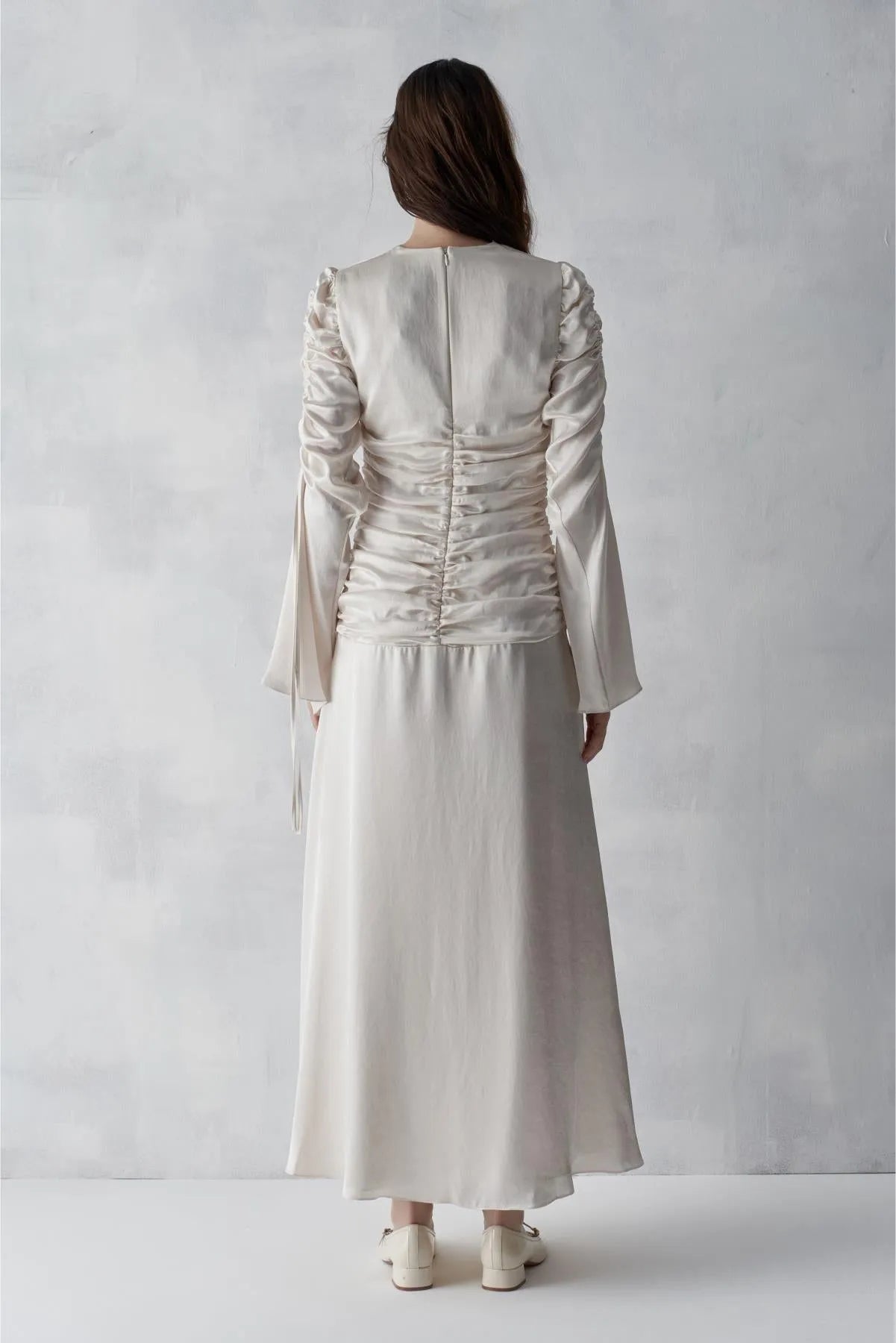 Cowl Neck. Long Evening Dress with Gathered Sleeves