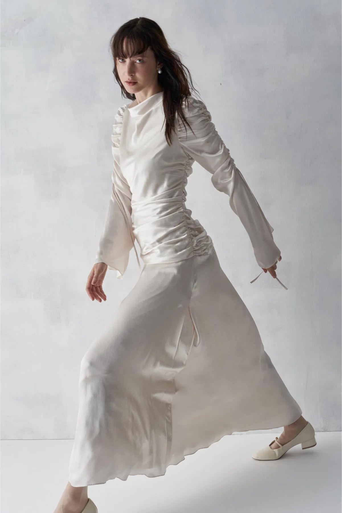 Cowl Neck. Long Evening Dress with Gathered Sleeves