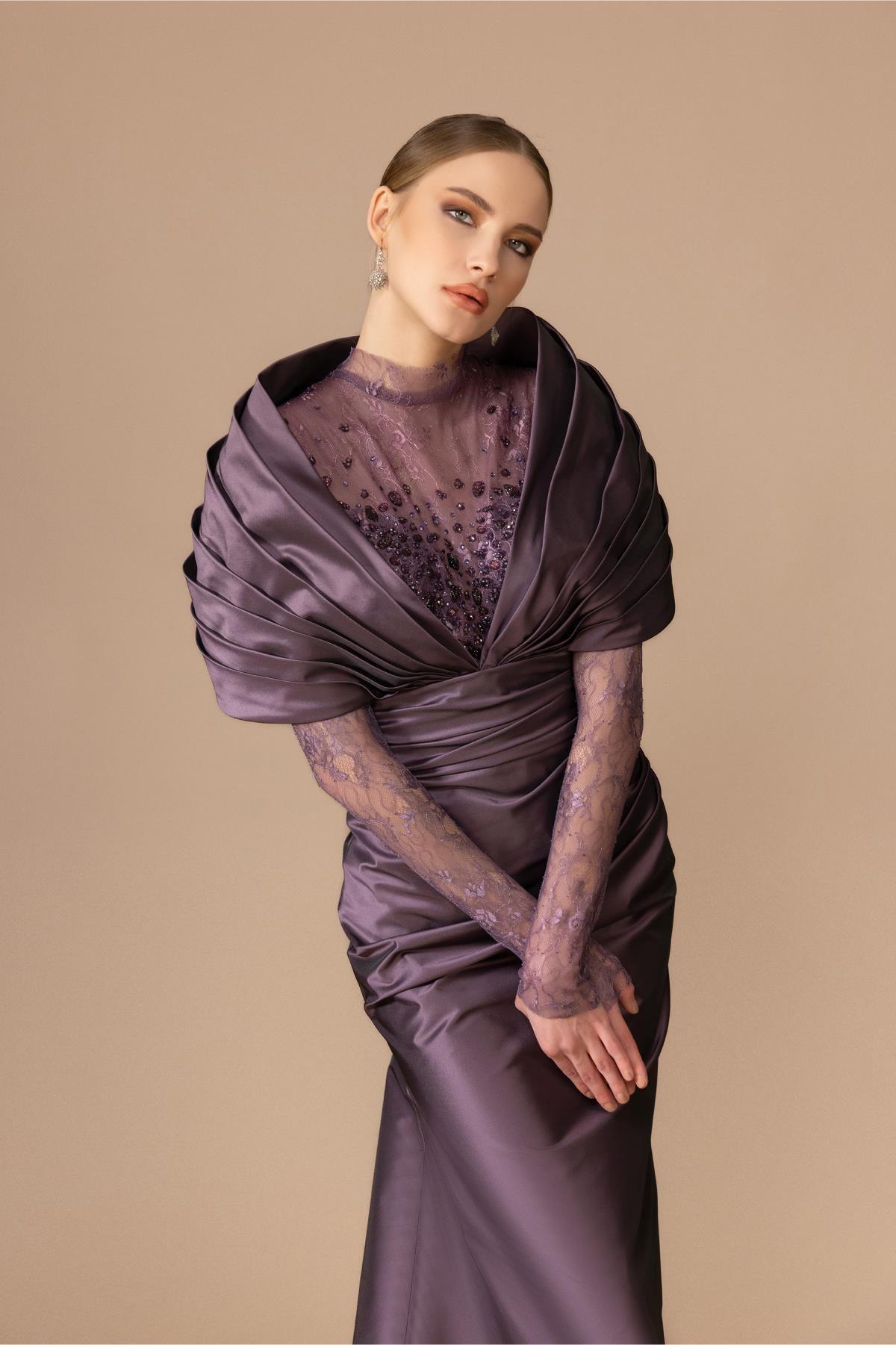 Kolları Çıkma Ön Kol Tül Detaylı Üst Pelerin Elbise - Eser Giyim