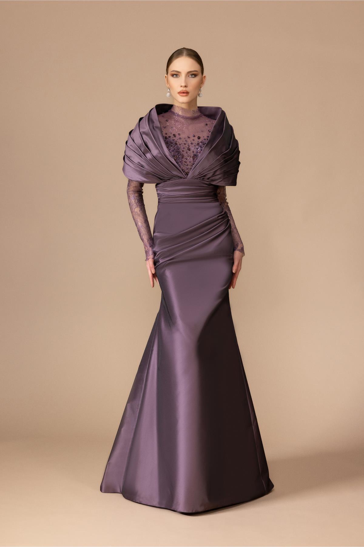 Kolları Çıkma Ön Kol Tül Detaylı Üst Pelerin Elbise - Eser Giyim