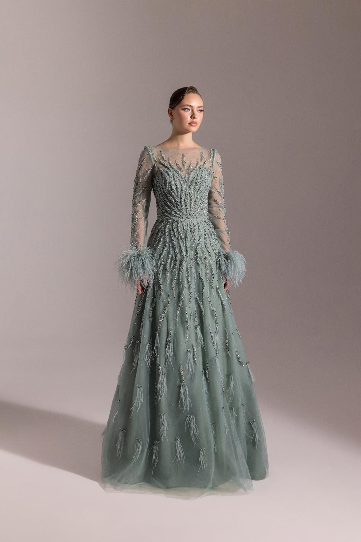 Fully Stone Embroidered Long Evening Dress