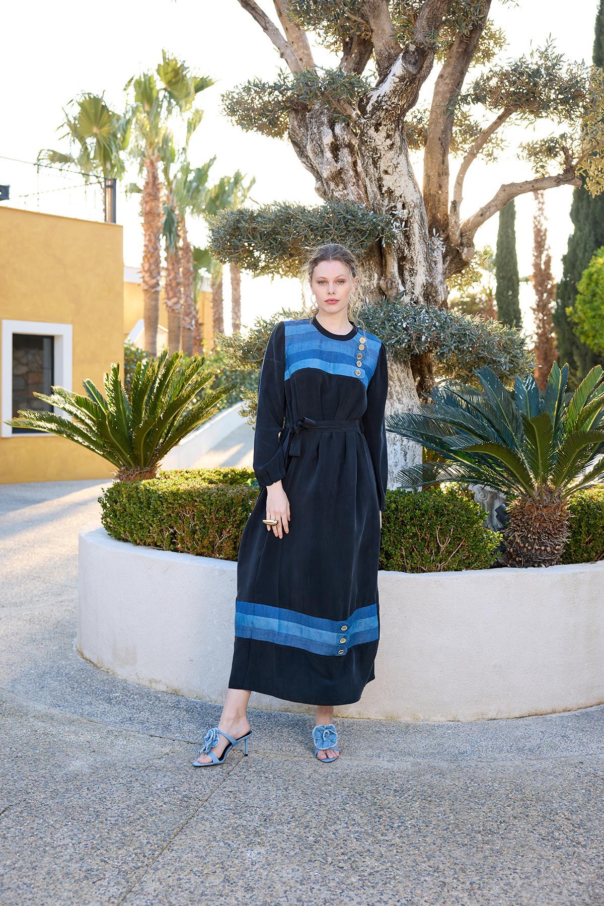 Kot Detaylı İpek Elbise - Eser Giyim