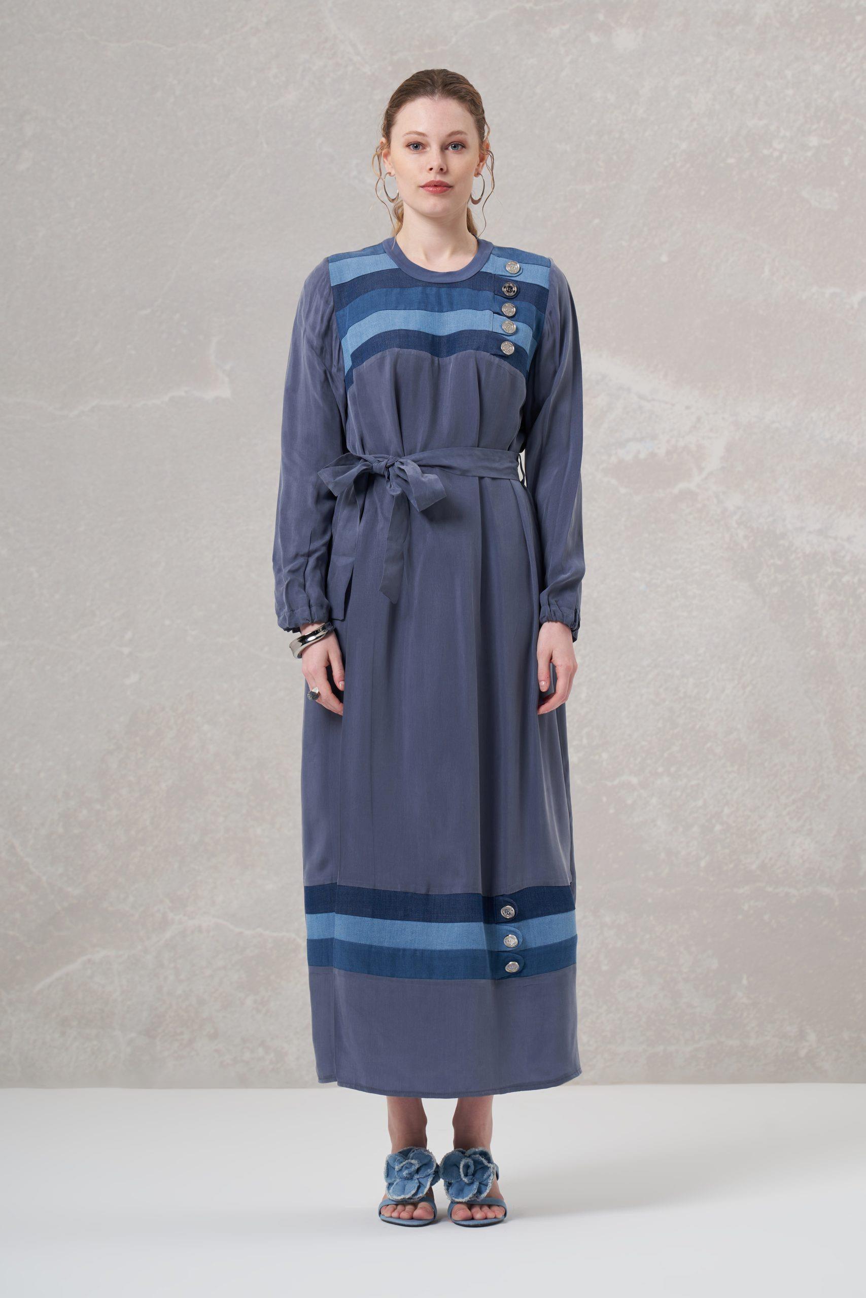 Kot Detaylı İpek Elbise - Eser Giyim