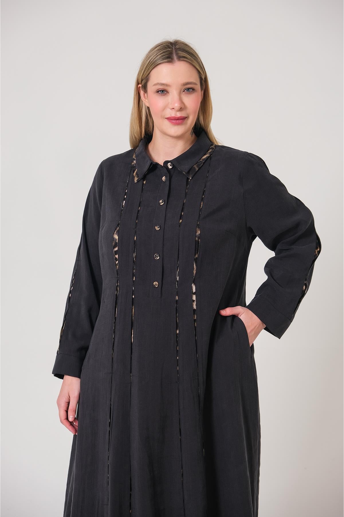Half Front Buttoned Shirt Collar Plus Size Dress