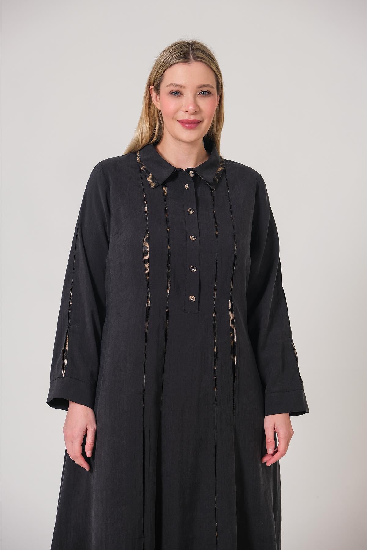 فستان بمقاس كبير مع أزرار أمامية نصفية وياقة قميص