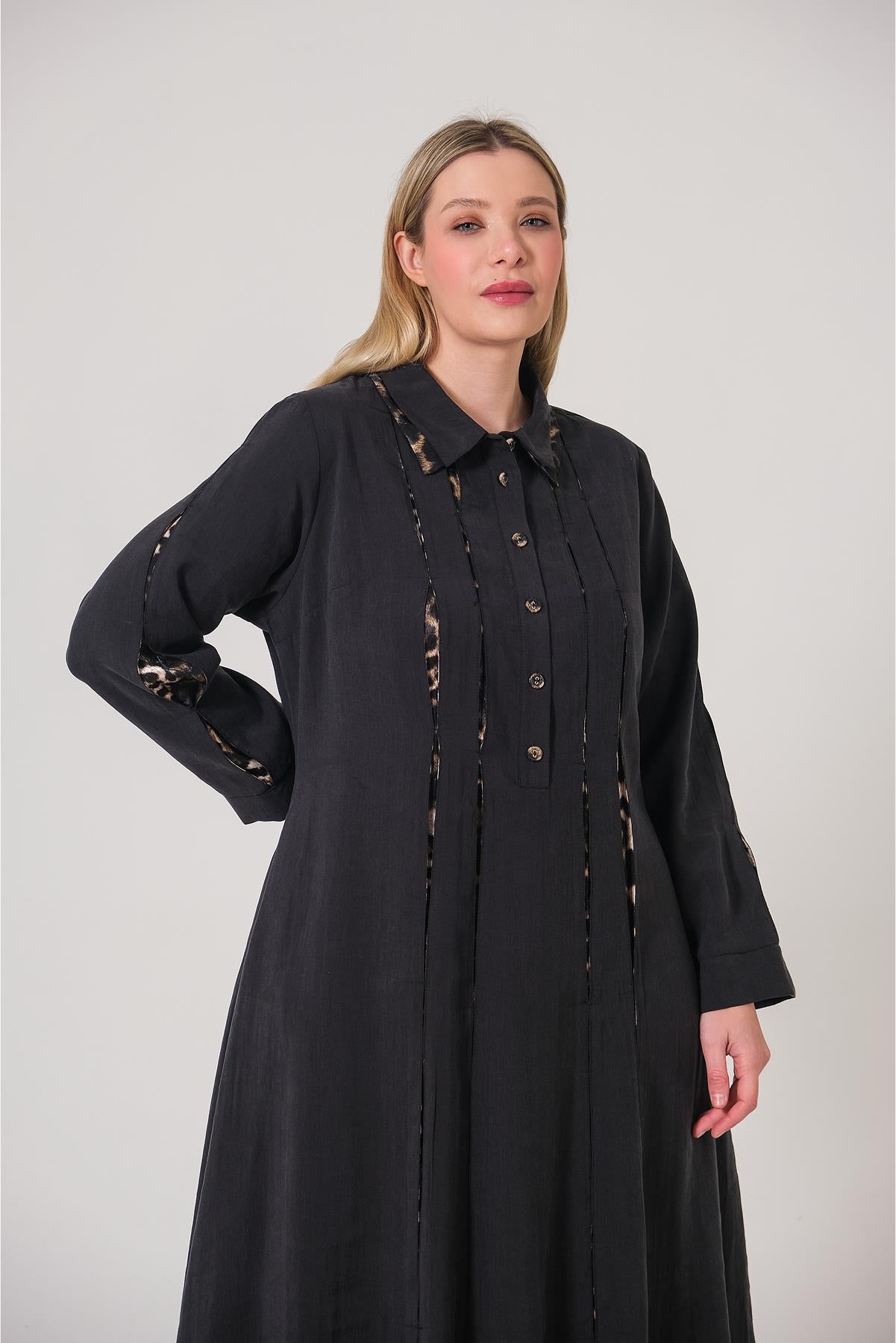 فستان بمقاس كبير مع أزرار أمامية نصفية وياقة قميص