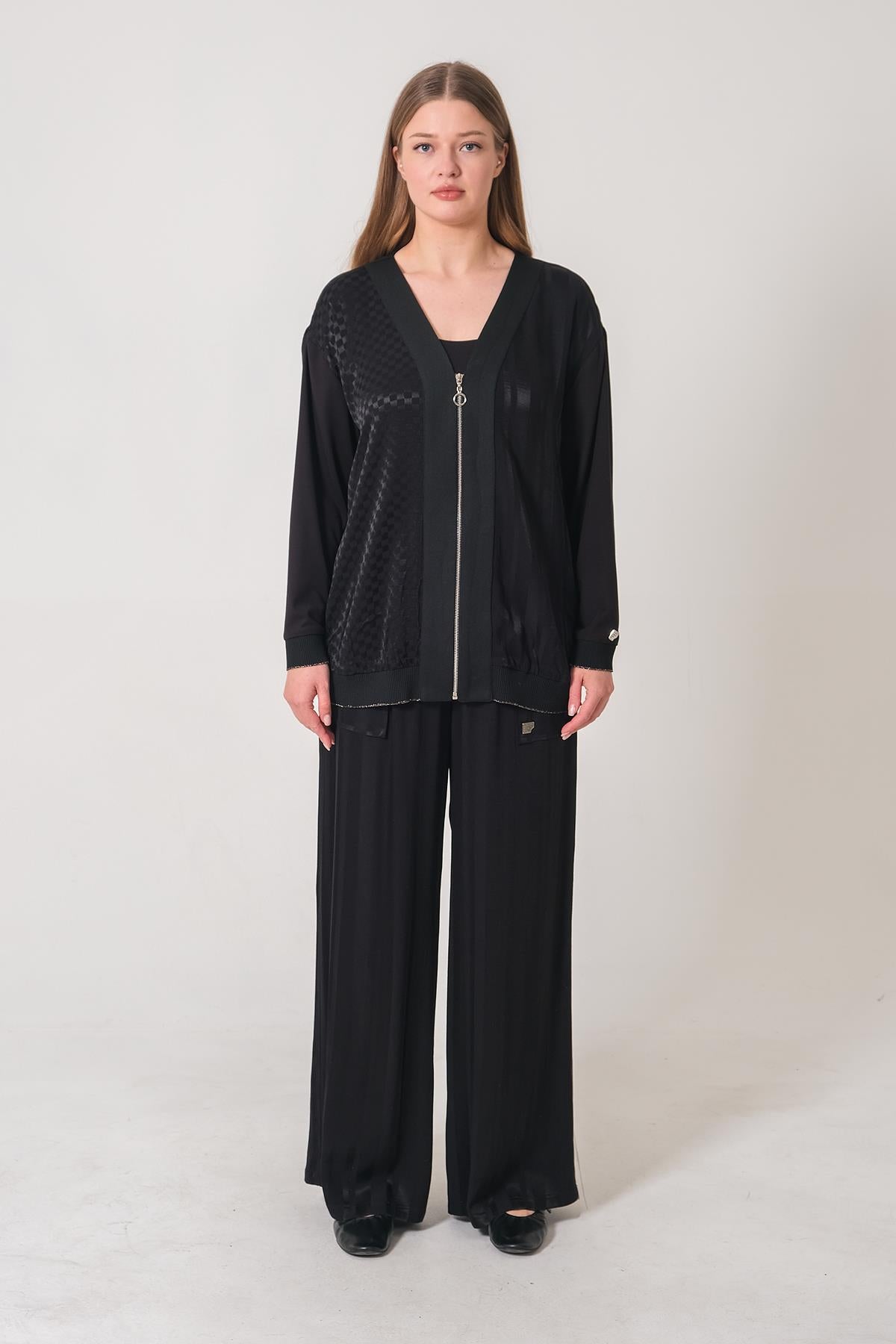 Self-Patterned Zippered Cardigan