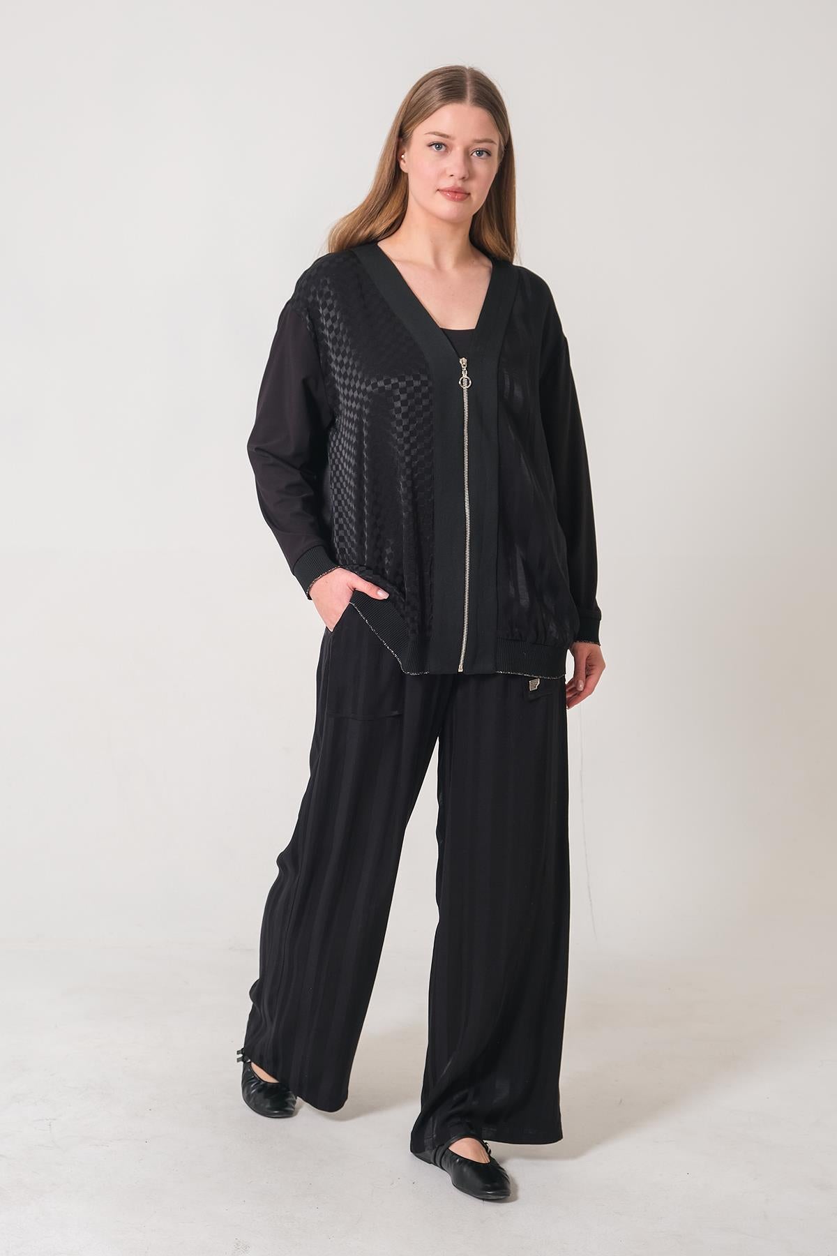 Self-Patterned Zippered Cardigan