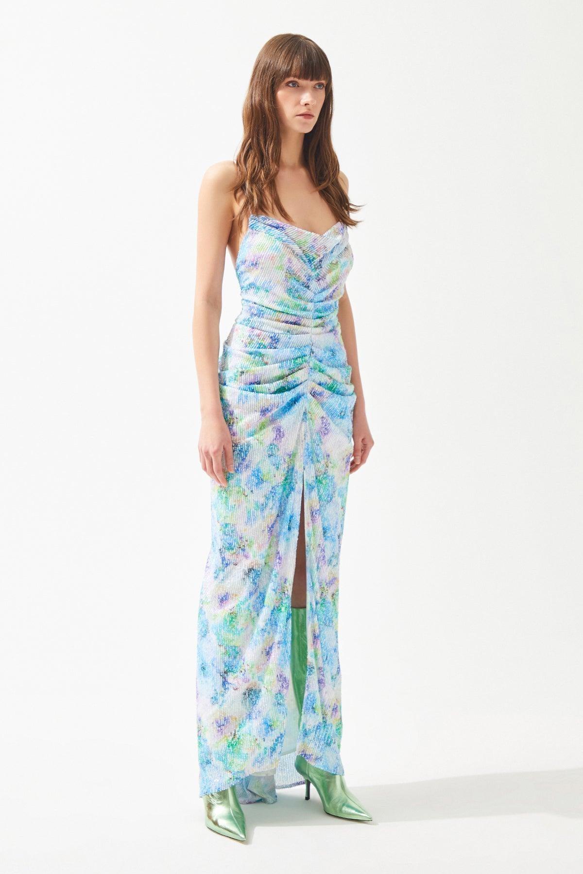 Mavi Desenli İp Askılı Degaje Yaka Payetli Uzun Elbise - Eser Giyim