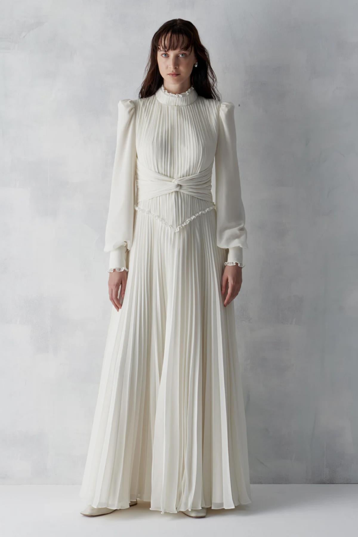 Pleated Front Cross Tie Half Turtleneck Long Dress