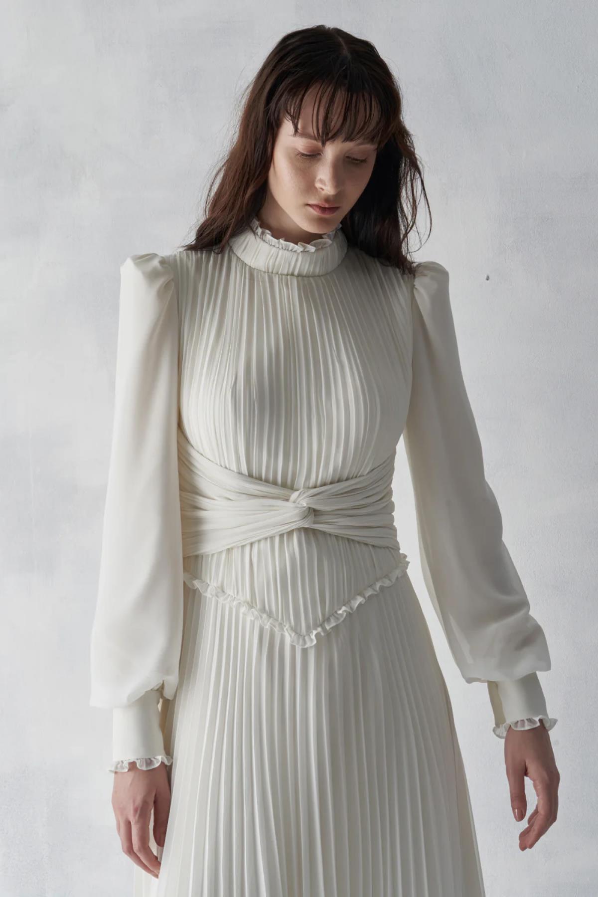 Pleated Front Cross Tie Half Turtleneck Long Dress