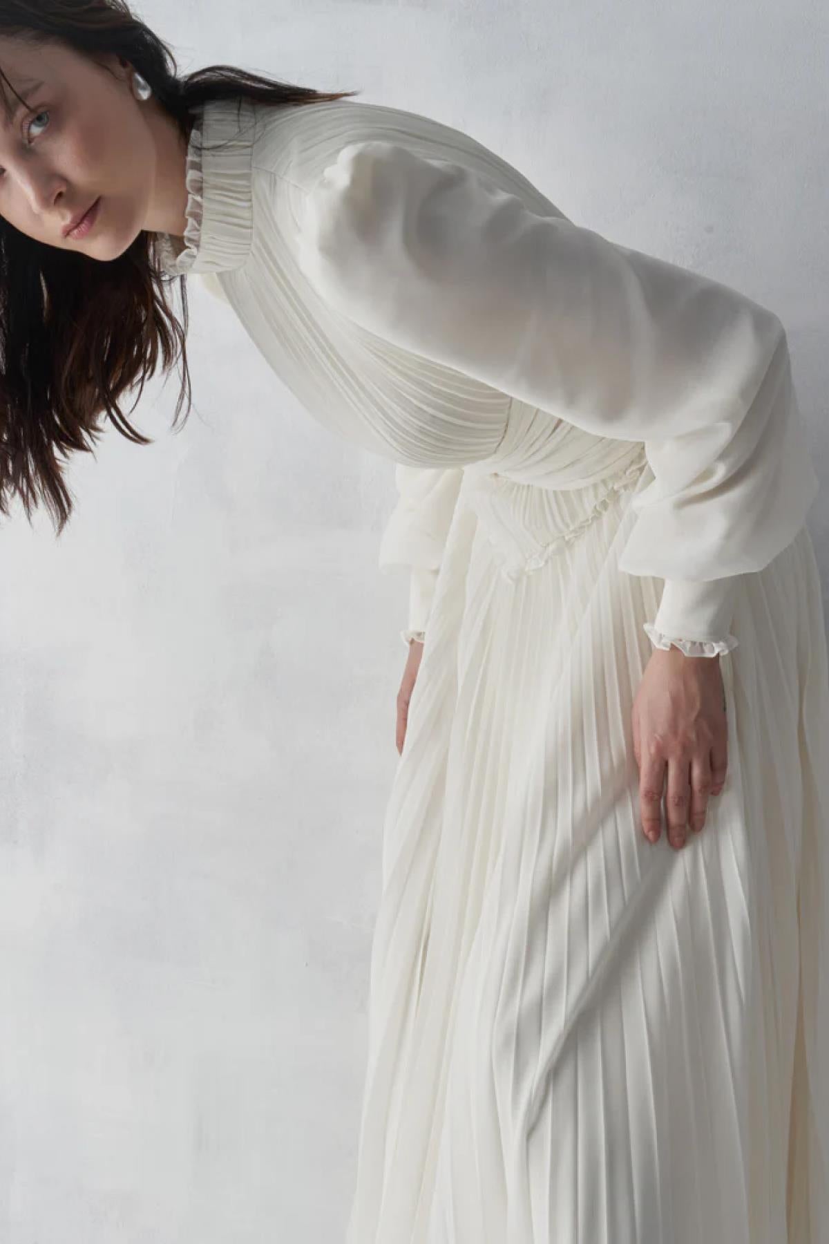 Pleated Front Cross Tie Half Turtleneck Long Dress
