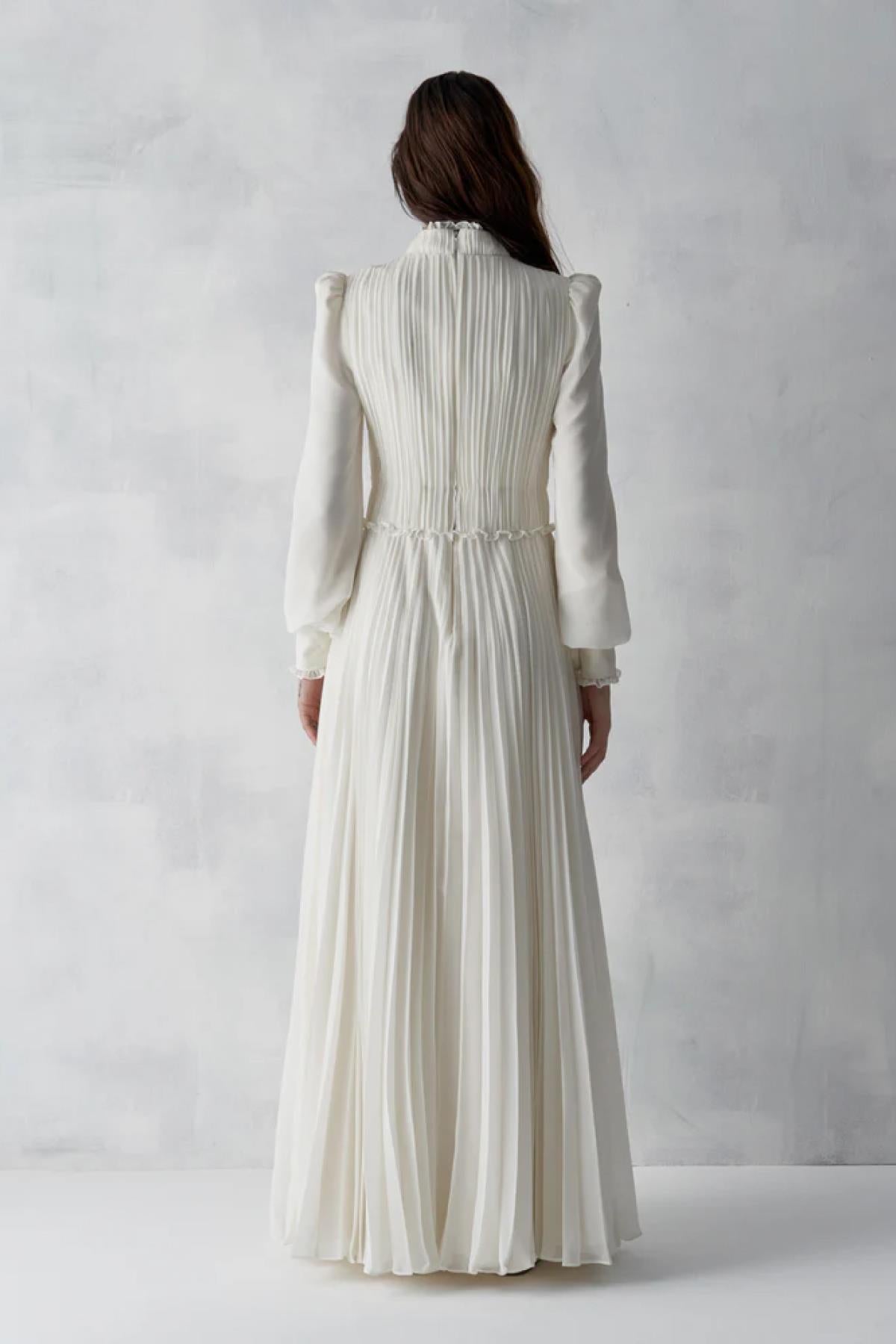 Pleated Front Cross Tie Half Turtleneck Long Dress