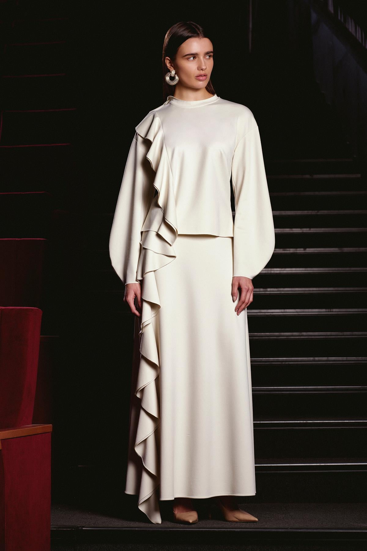 Flounce Detailed High Collar Tunic Skirt Set