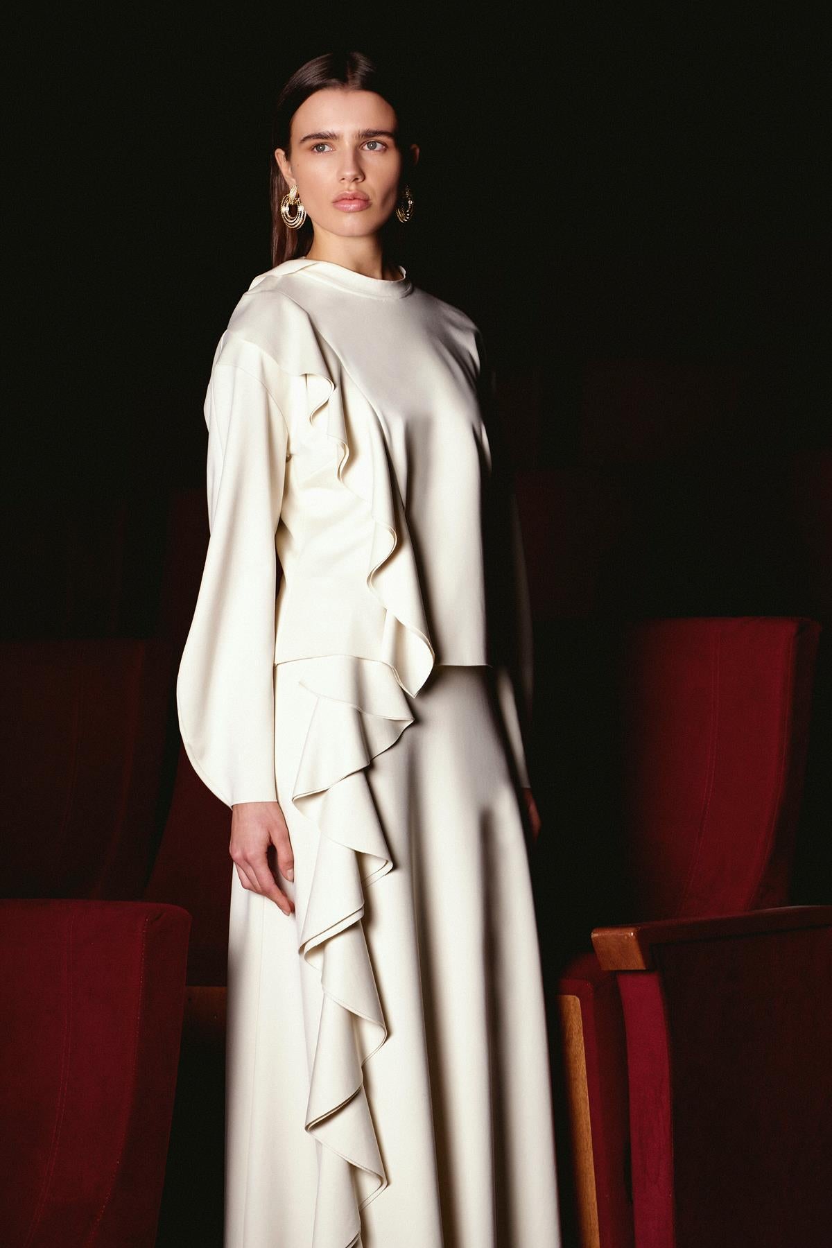 Flounce Detailed High Collar Tunic Skirt Set