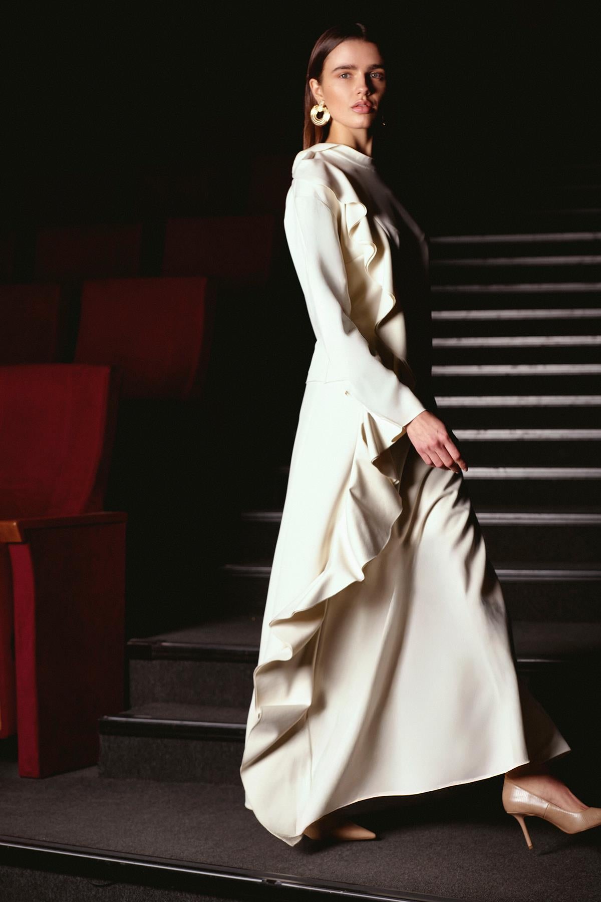 Flounce Detailed High Collar Tunic Skirt Set