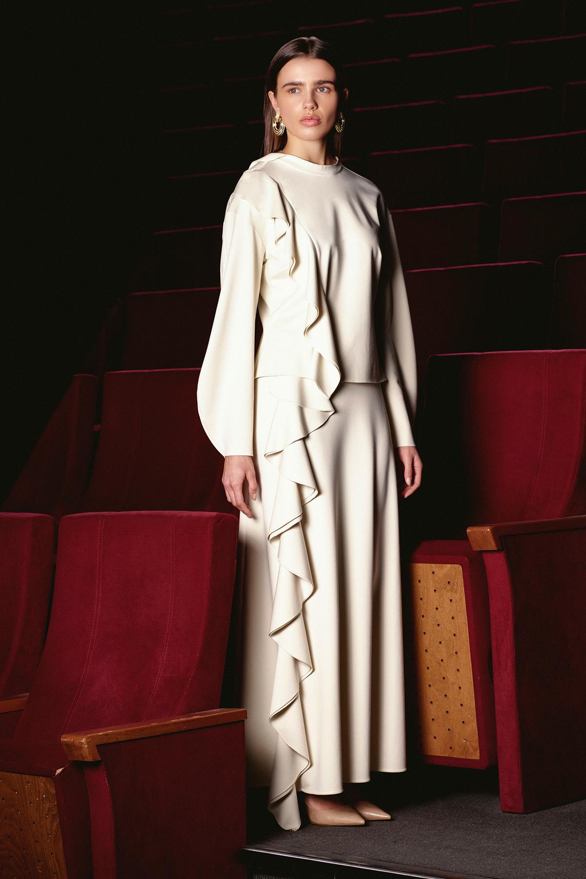 Flounce Detailed High Collar Tunic Skirt Set