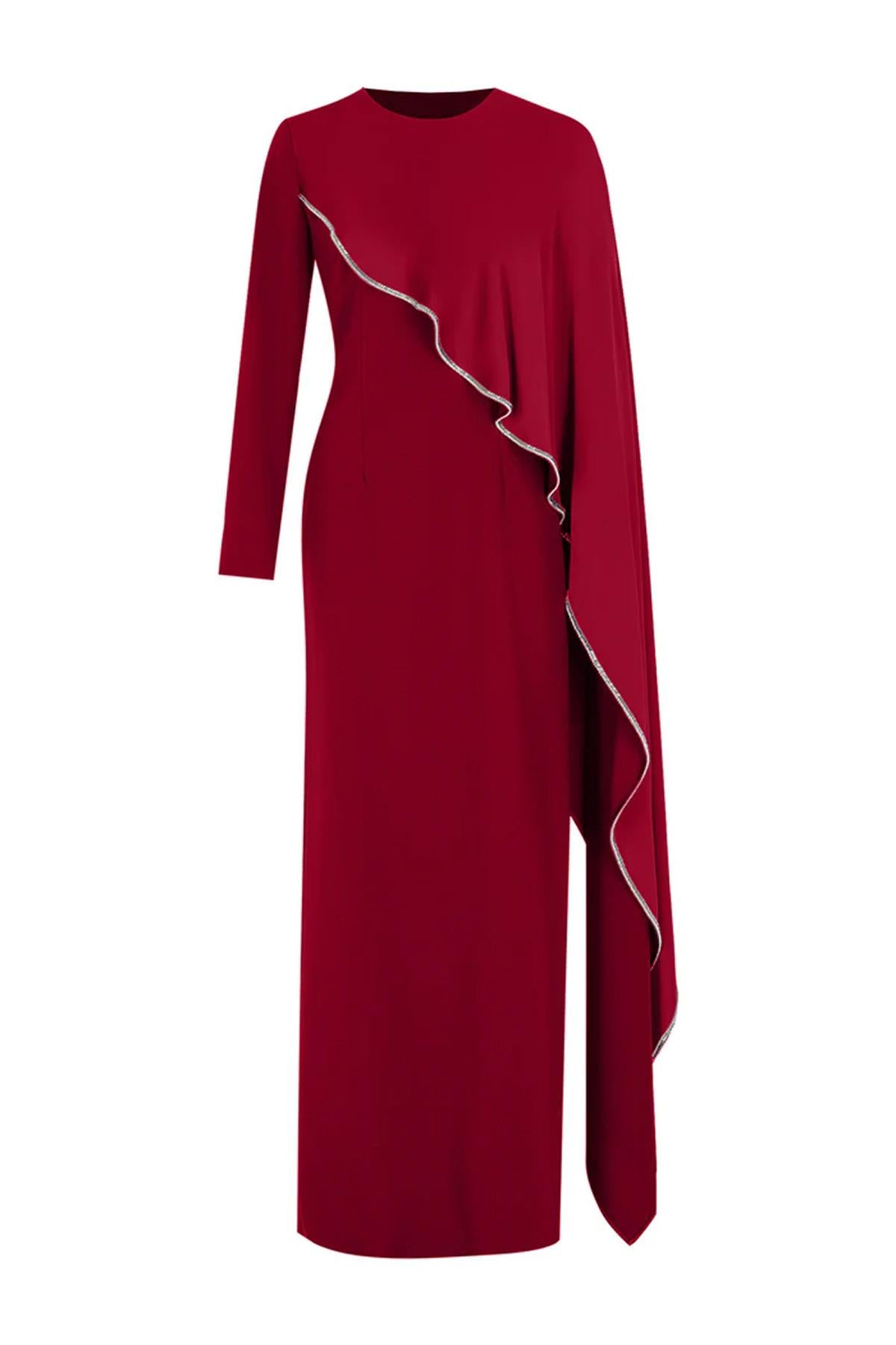 Stone Detailed Draped Asymmetrical Long Sleeve Evening Dress