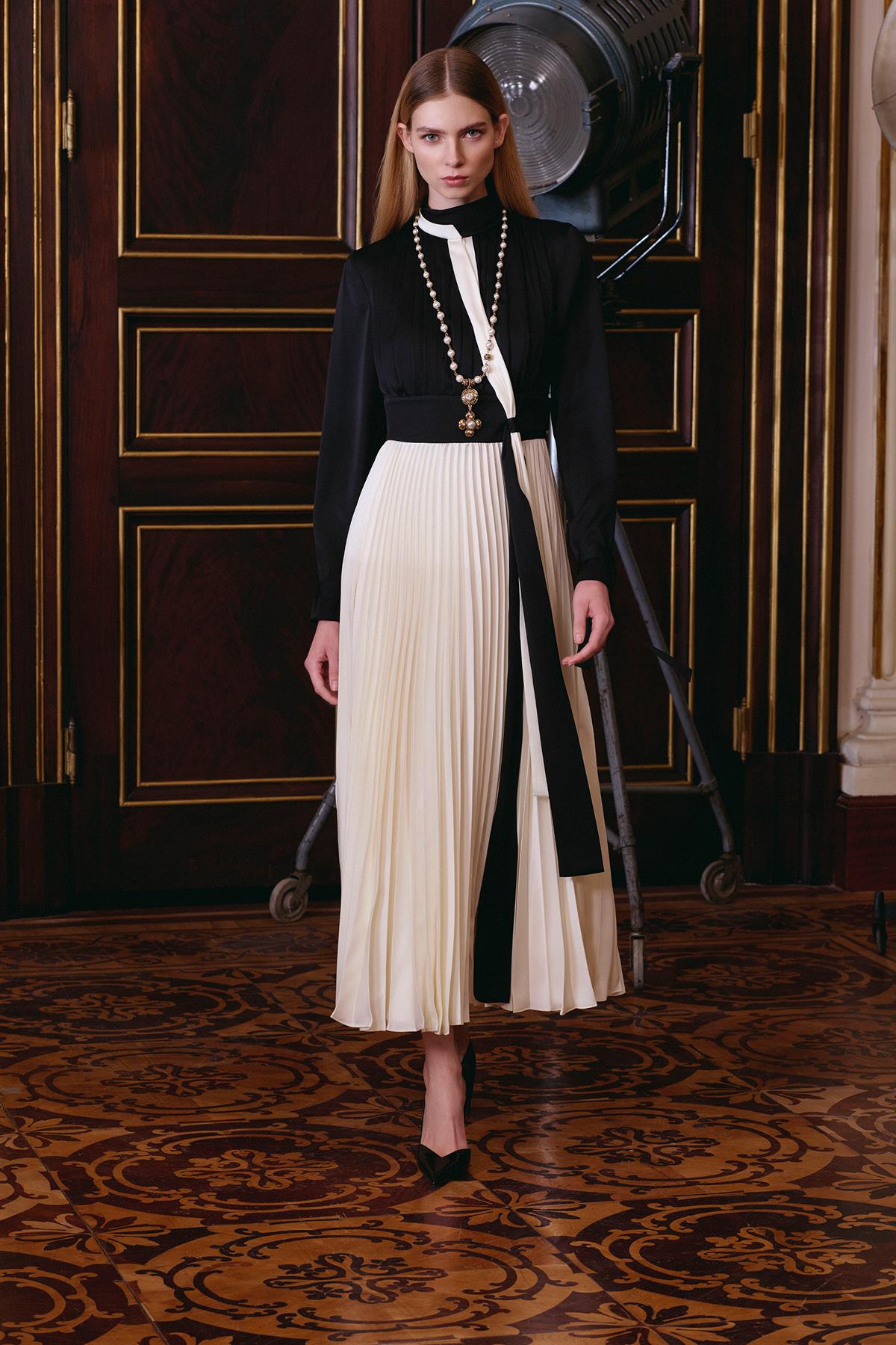 Long Sleeve Dress with Pleated Skirt Detail