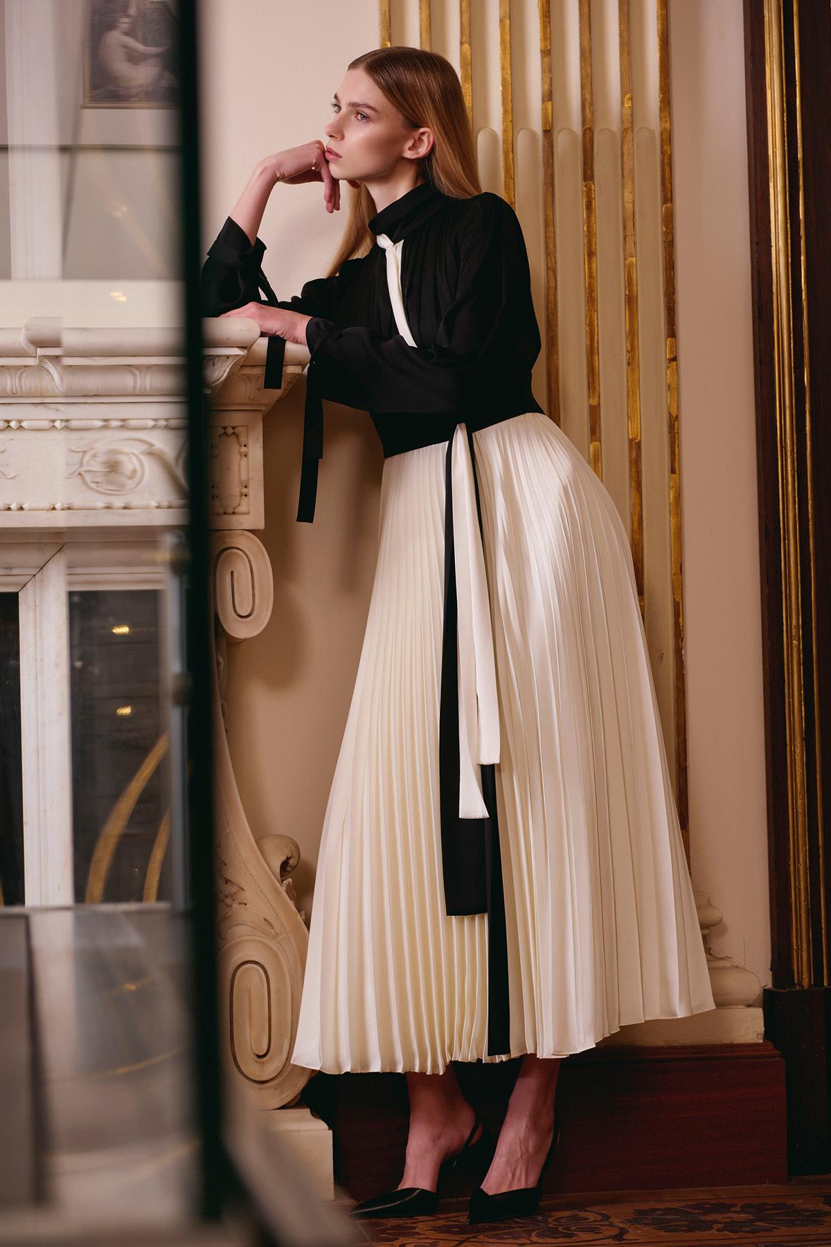 Long Sleeve Dress with Pleated Skirt Detail