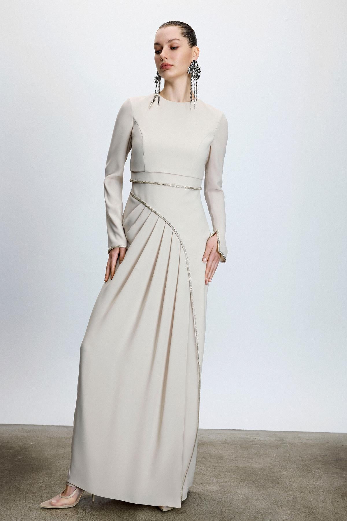 Asymmetrical Draped Stone Embroidered Satin Long Evening Dress