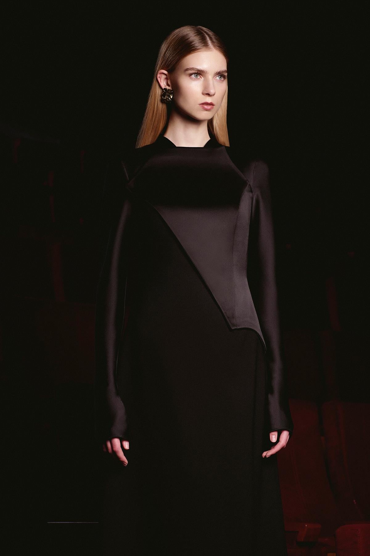 Satin Asymmetrical Detailed Long Sleeve Evening Dress