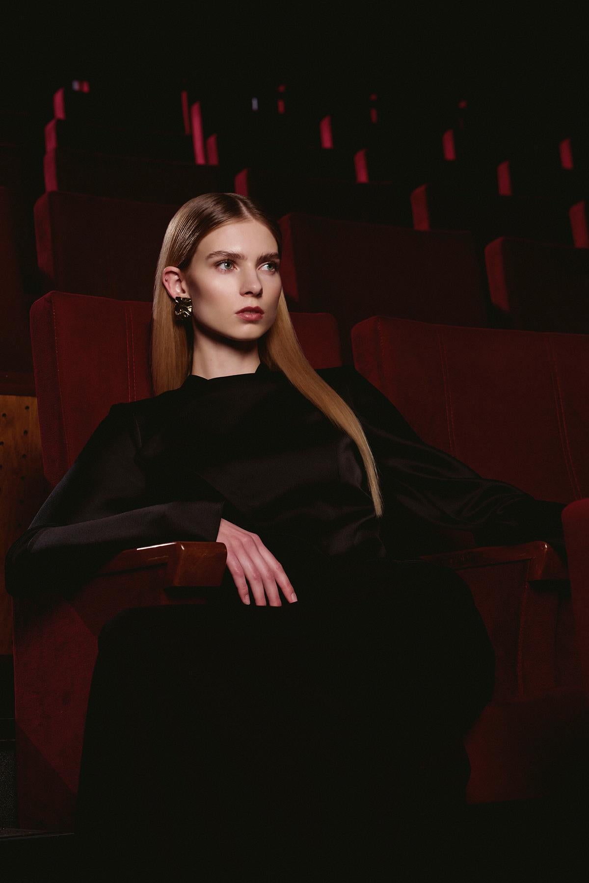 Satin Asymmetrical Detailed Long Sleeve Evening Dress