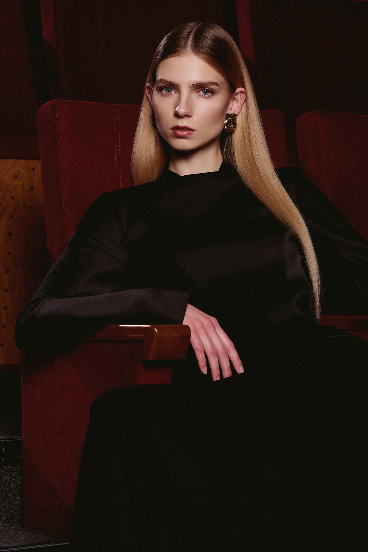 Satin Asymmetrical Detailed Long Sleeve Evening Dress