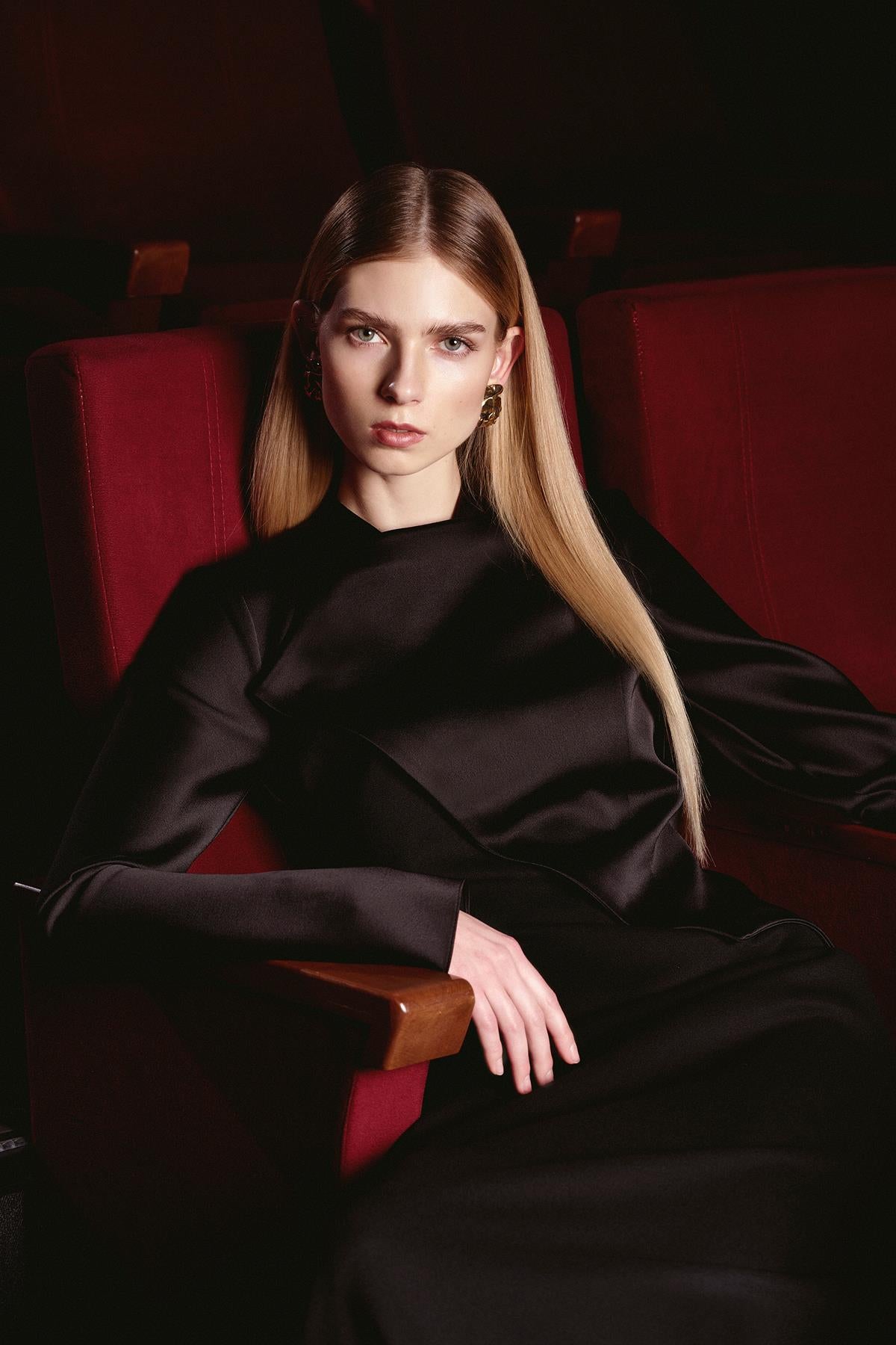 Satin Asymmetrical Detailed Long Sleeve Evening Dress