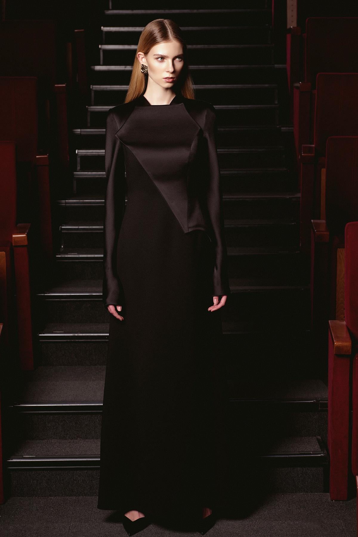 Satin Asymmetrical Detailed Long Sleeve Evening Dress