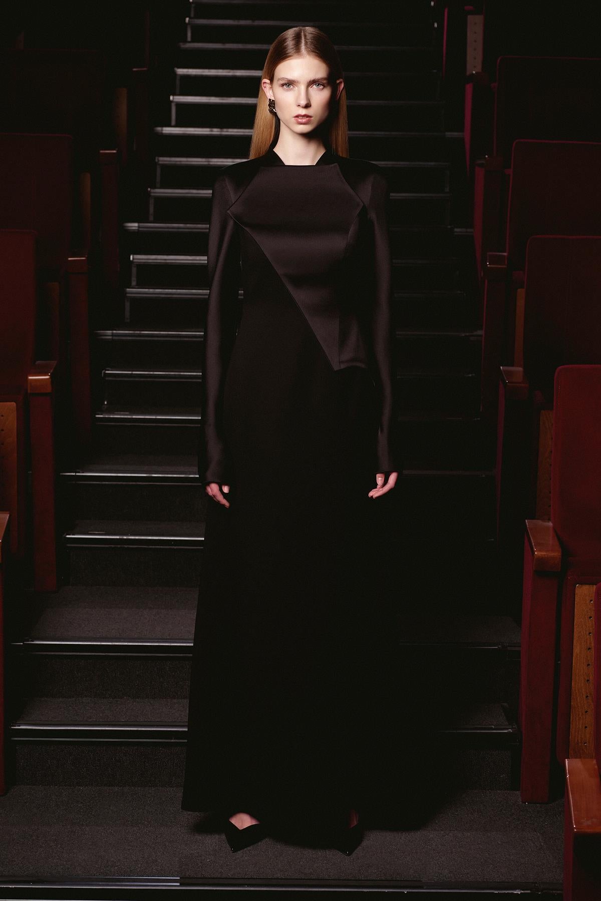 Satin Asymmetrical Detailed Long Sleeve Evening Dress