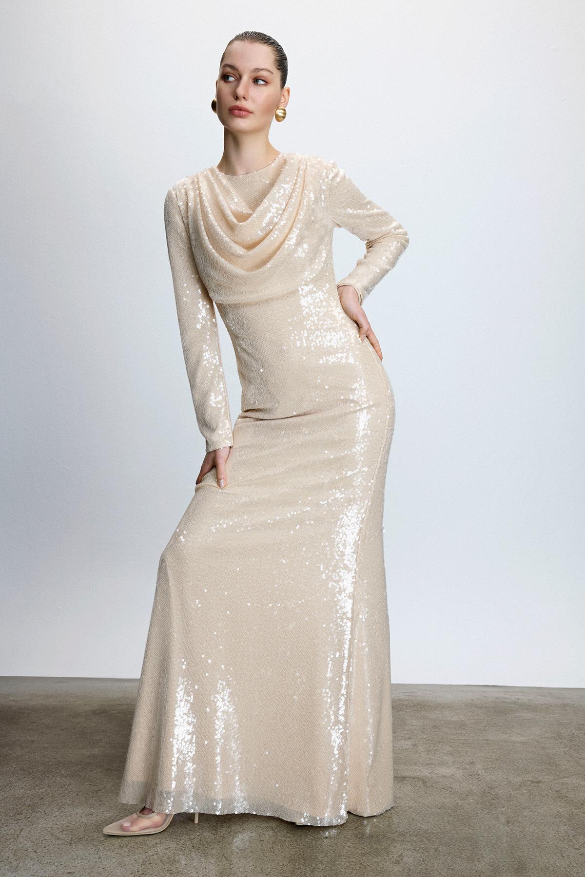 Drape Detaylı Pul Payetli Abiye Elbise