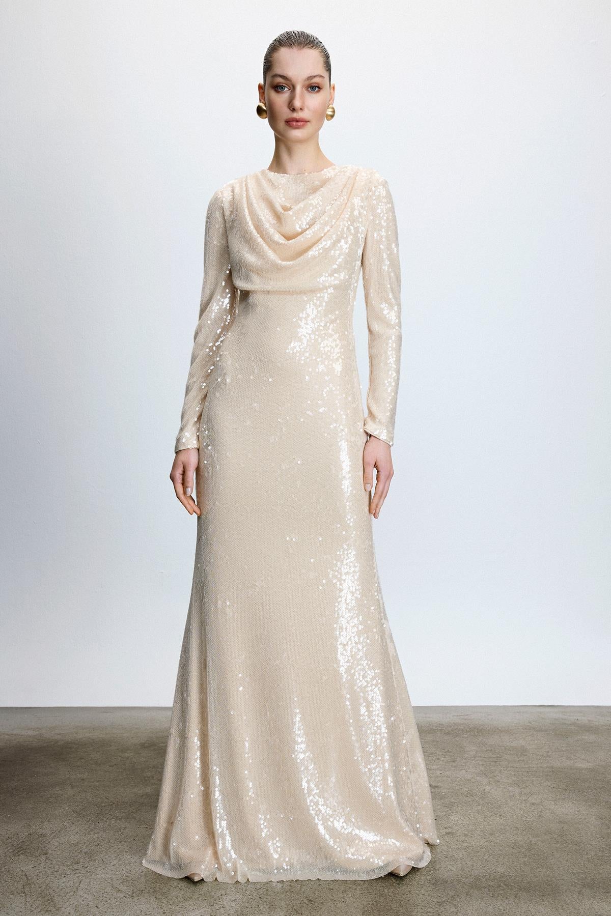 Drape Detaylı Pul Payetli Abiye Elbise