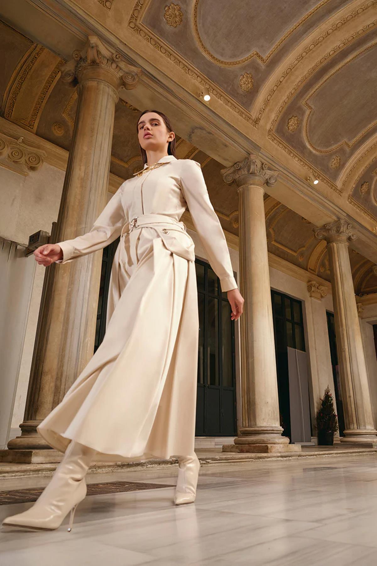 Shirt Collar Waist Belted Midi Dress