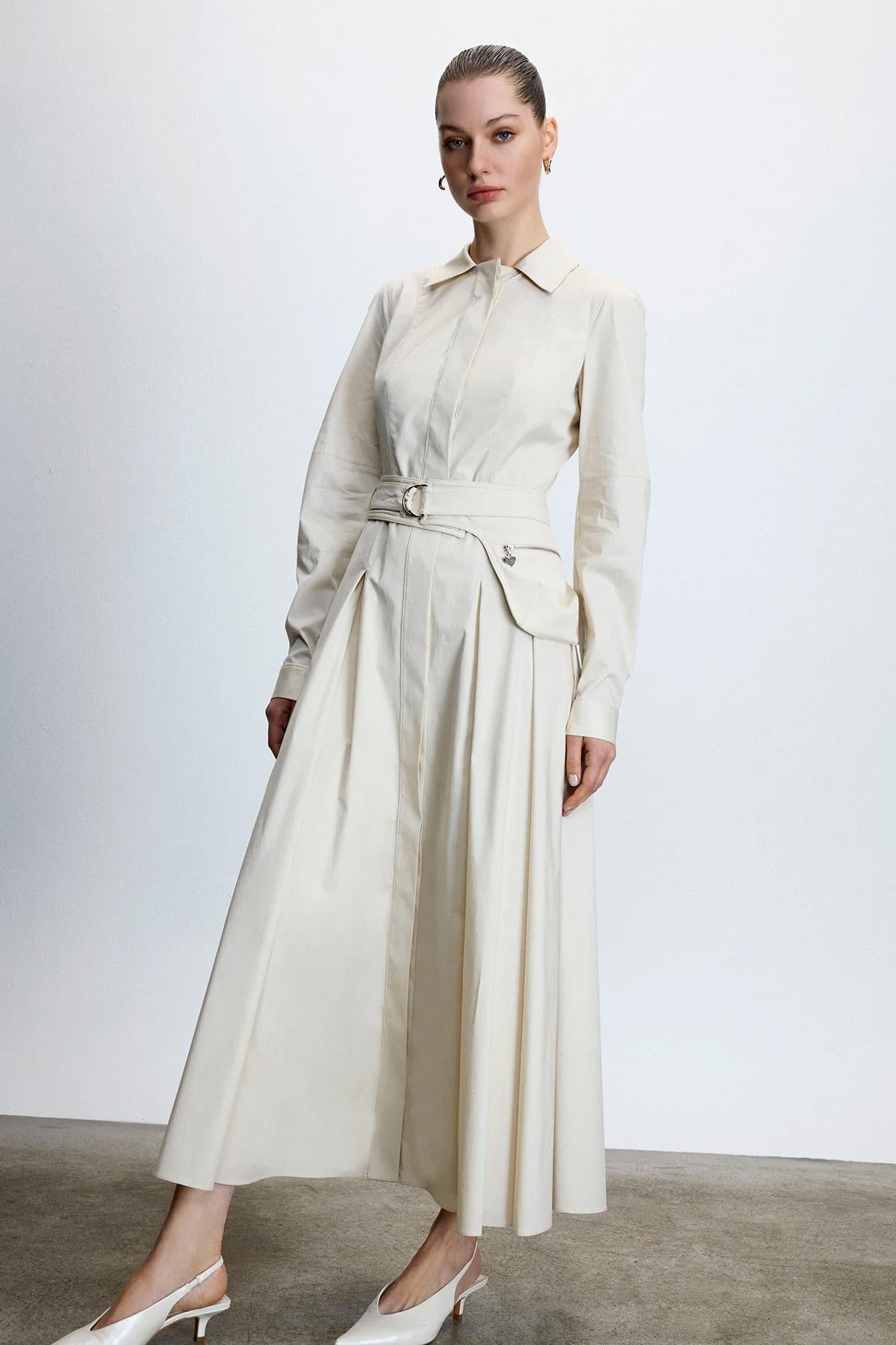 Shirt Collar Waist Belted Midi Dress