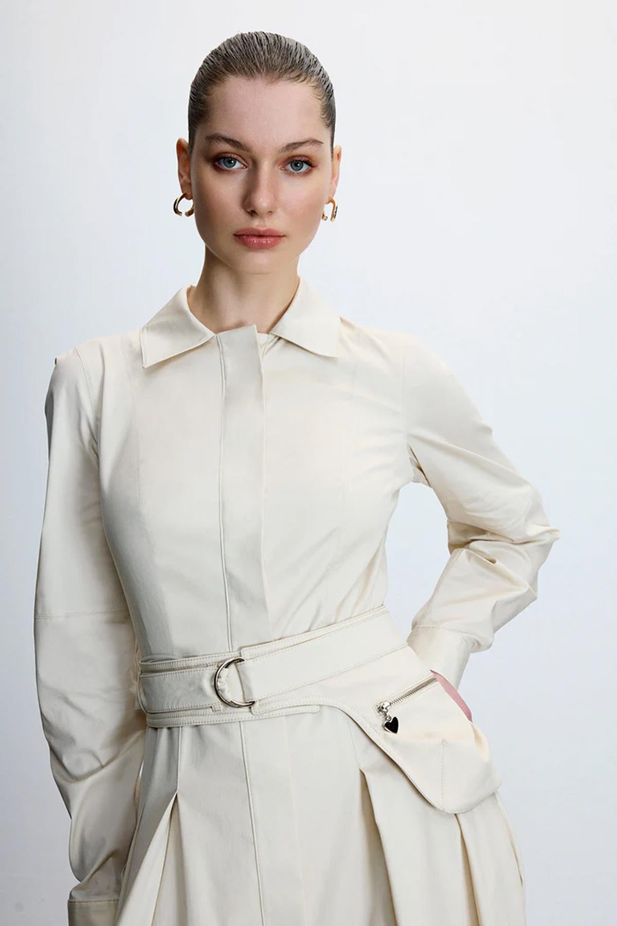 Shirt Collar Waist Belted Midi Dress