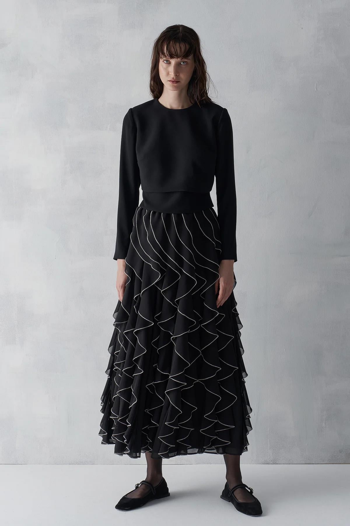 Eteği Fırfır Detaylı Beli Fiyonklu Bluz Takım