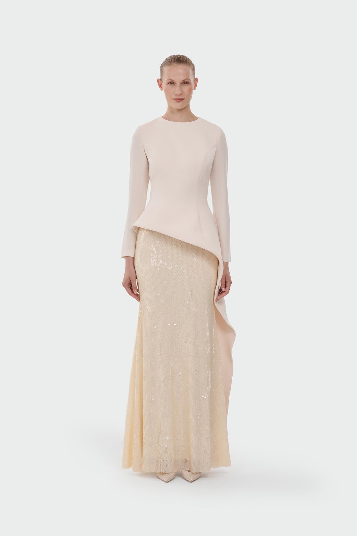 Uzun Kollu Asimetrik Kesim Payetli Abiye Takım