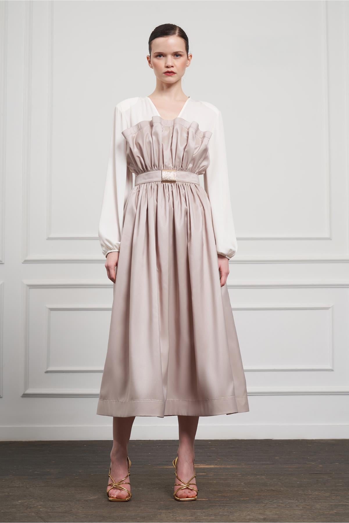 Front Fan-Look Buckle Detail Dress